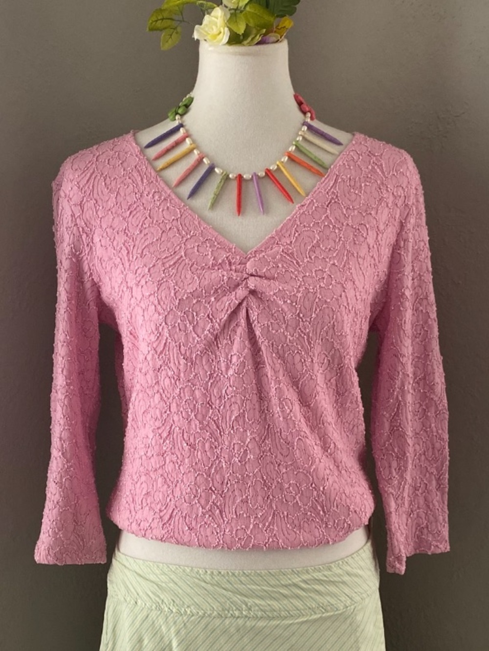 Y2K Cinch V-Neck Pink Lace 3/4 Sleeve Lined Coquette Romantic Preppy Blouse Sz L